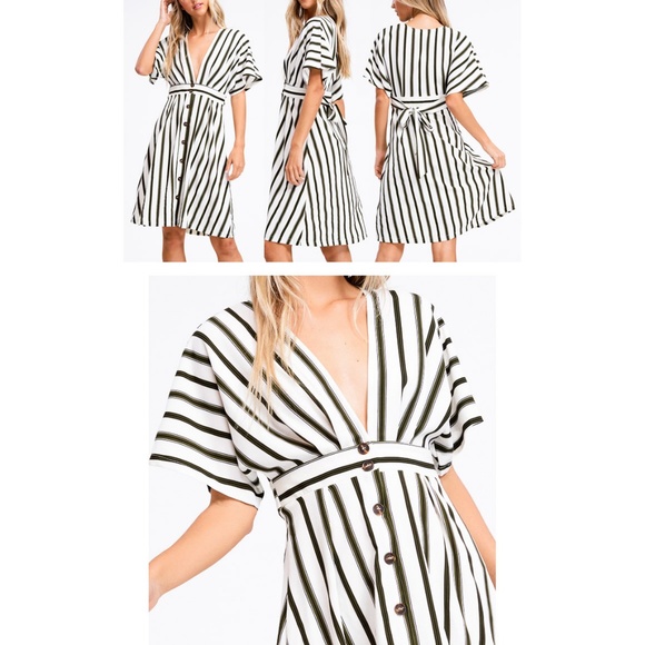 Olive Stripe Button Down Plunging VNeck Midi Dress - Picture 7 of 8